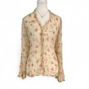 Emma Vintage Floral Chiffon 100% Silk Whimsical Cottage Core Button Down Size L